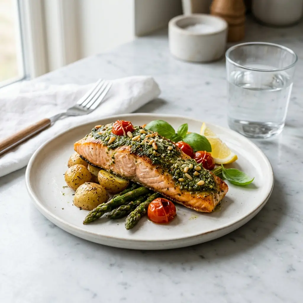 Lachs mit Pesto fertig als Gericht serviert