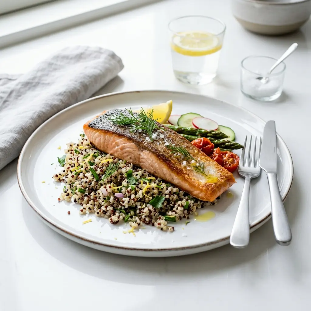 Lachs mit Quinoa fertig als Gericht serviert