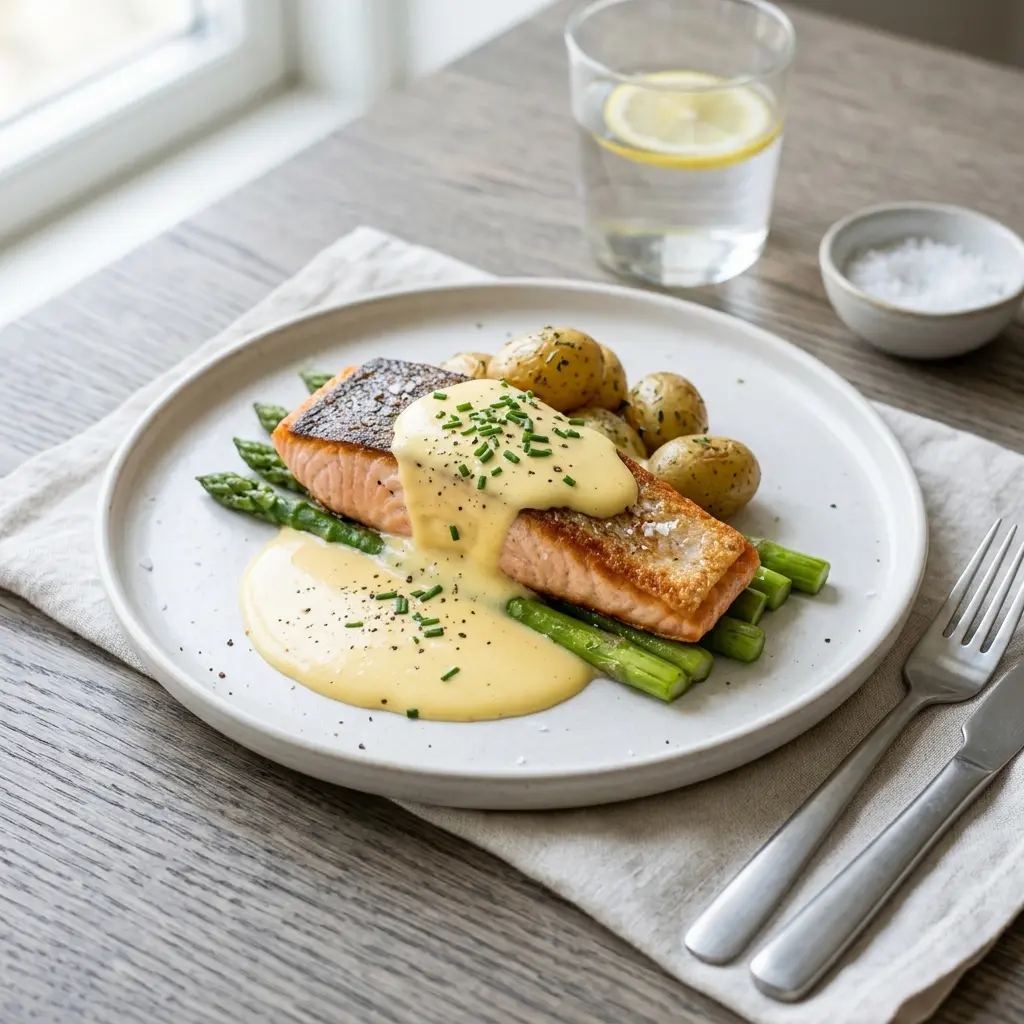 Lachs mit Sauce Hollandaise fertig als Gericht serviert