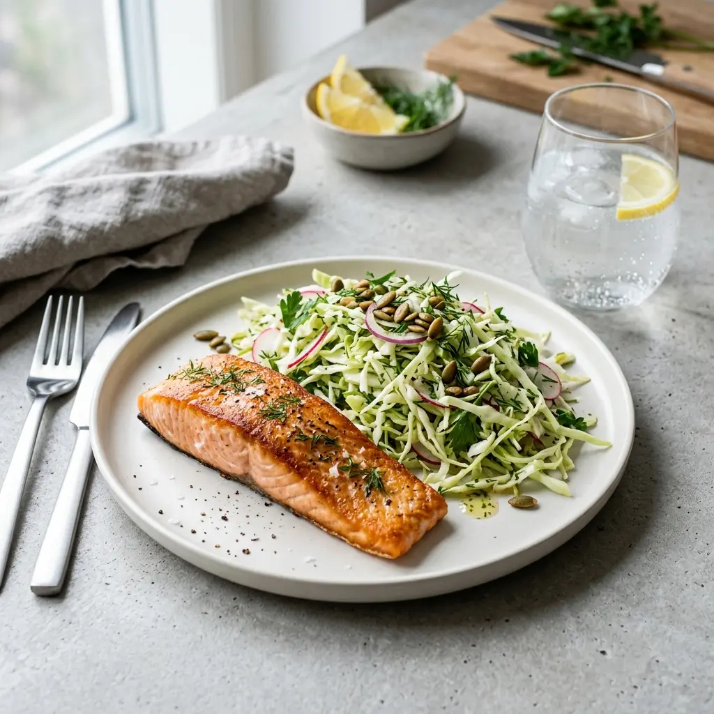 Frische Portion Lachs mit Spitzkohlsalat mit ansprechender hausgemachter Präsentation