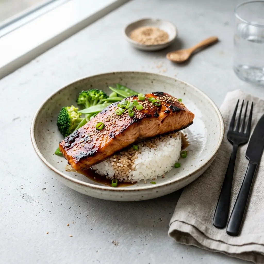 Lachs mit Teriyaki fertig als Gericht serviert