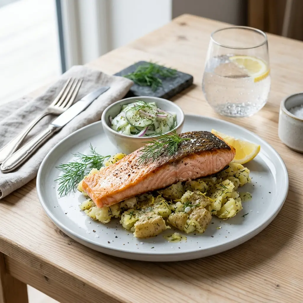 Lachs mit zerdrückten Kartoffeln fertig als Gericht serviert