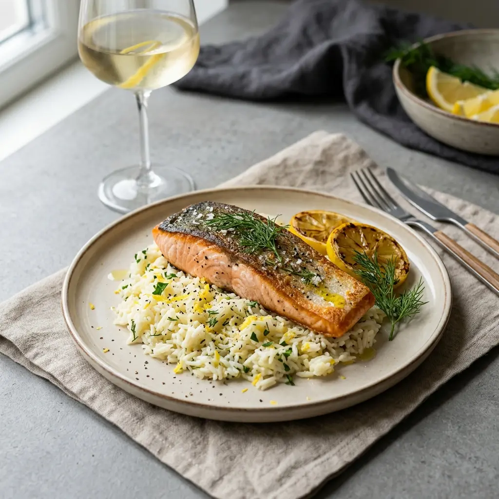Lachs mit Zitronenreis fertig als Gericht serviert
