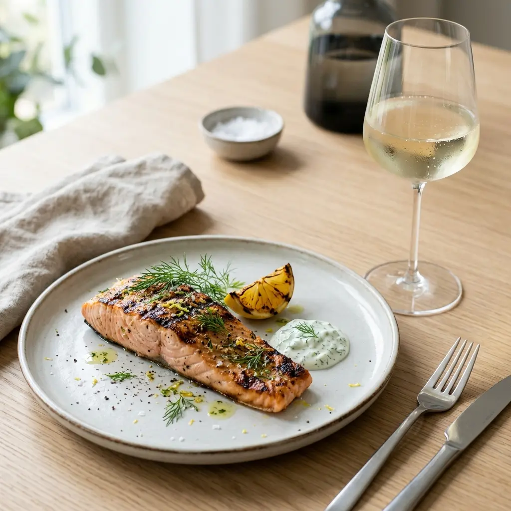 Lachs vom Grill fertig als Gericht serviert