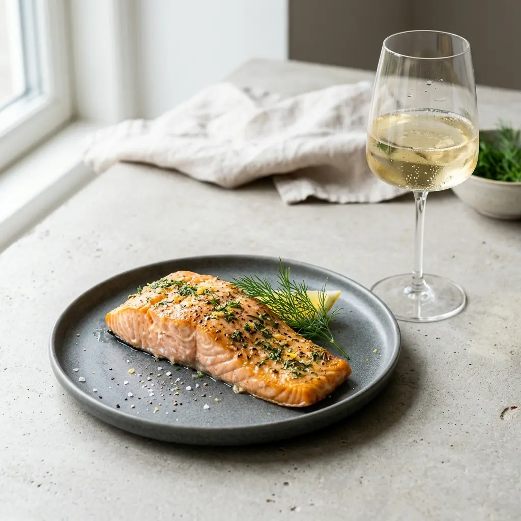 Lachsfilet aus dem Ofen fertig als Gericht serviert