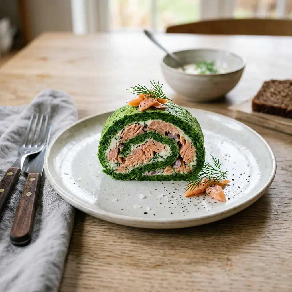 Lachsroulade mit Spinat fertig als Gericht serviert