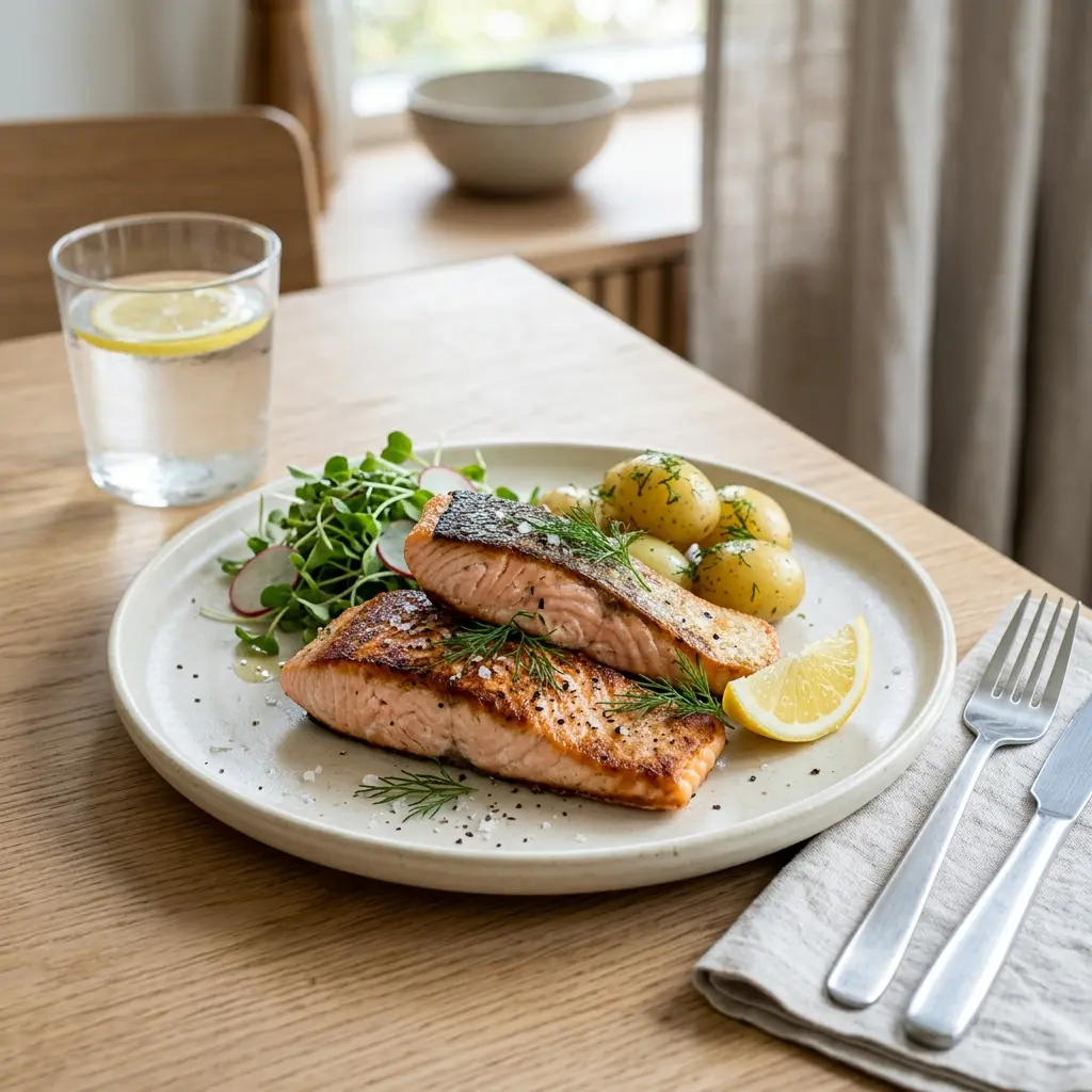 Lachssteaks fertig als Gericht serviert