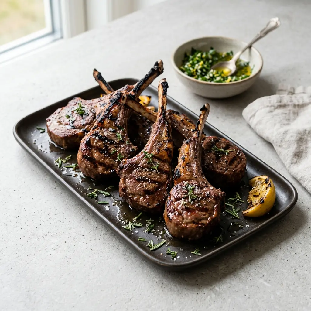 Lammkoteletts vom Grill fertig als Gericht serviert