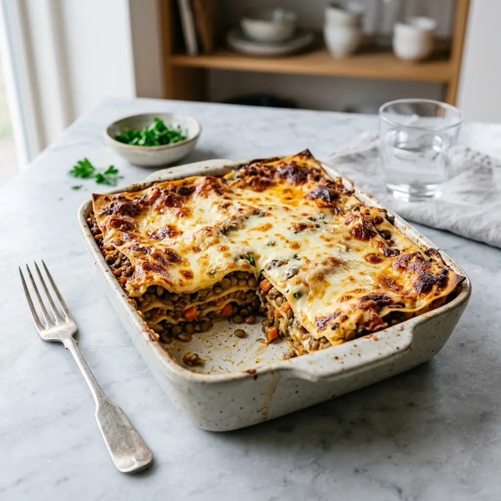 Lasagne mit Linsen fertig als Gericht serviert