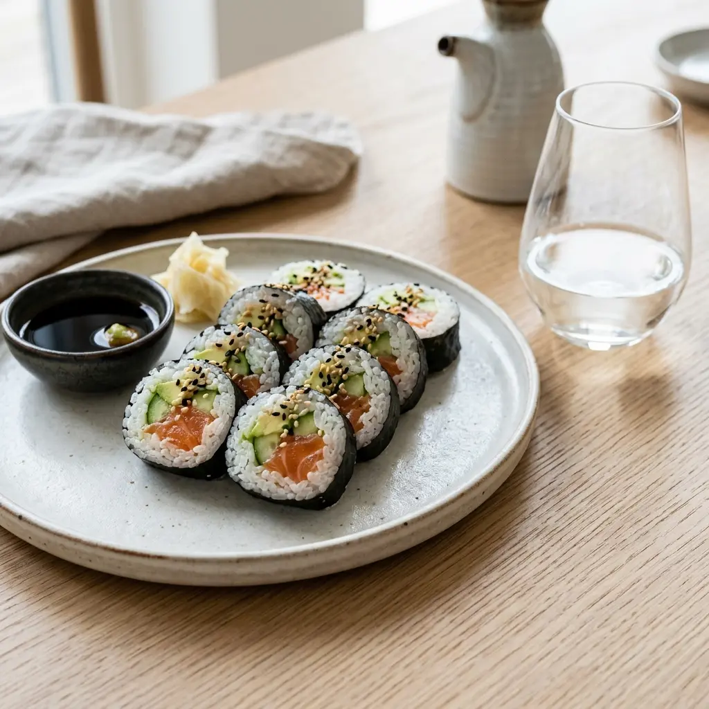 Maki mit Lachs fertig als Gericht serviert