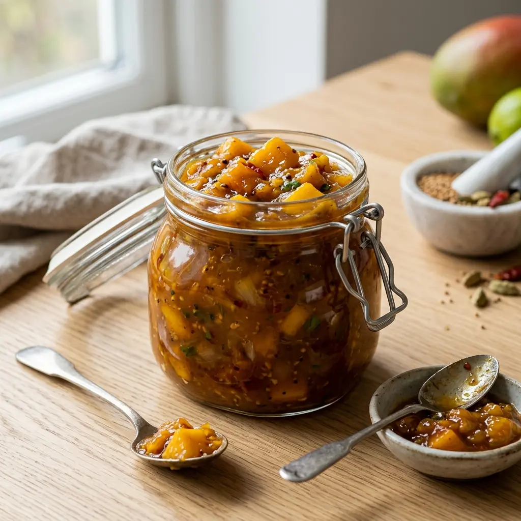Mangochutney fertig im Glas oder in einer Schale serviert