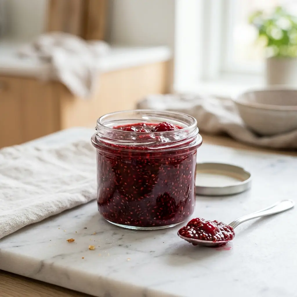 Marmelade mit Chiasamen fertig als Dessert serviert