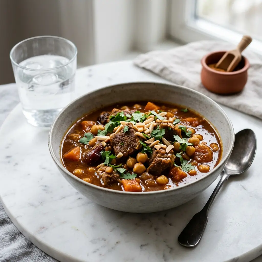 Marokkanischer Lammeintopf fertig als warme Suppe serviert