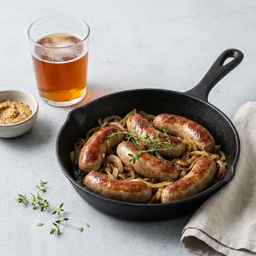 Medisterwurst aus der Pfanne fertig als Gericht serviert