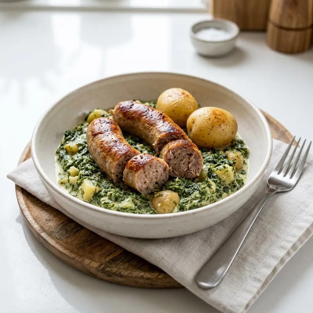 Medisterwurst mit Grünkohl fertig als Gericht serviert