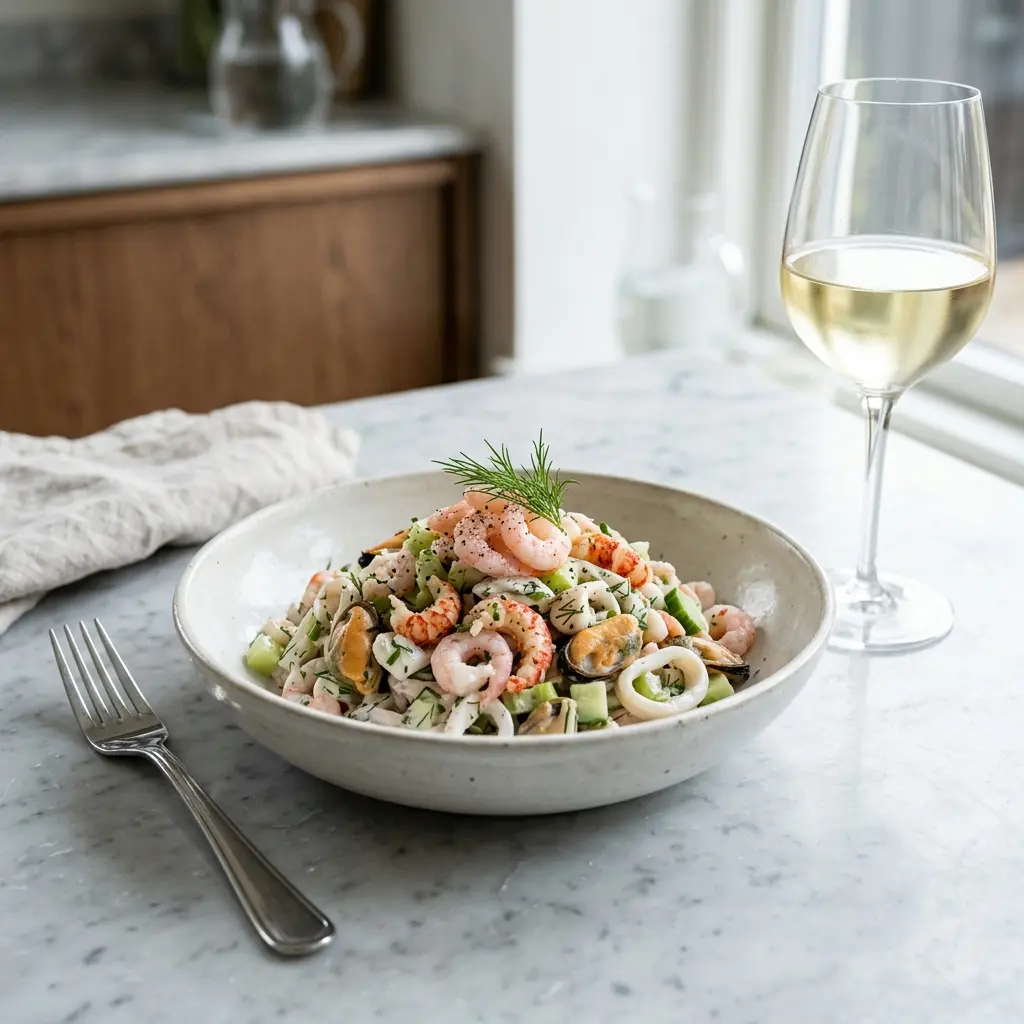Eine Schale Meeresfrüchtesalat mit Dressing als geschmackvolle Beilage serviert