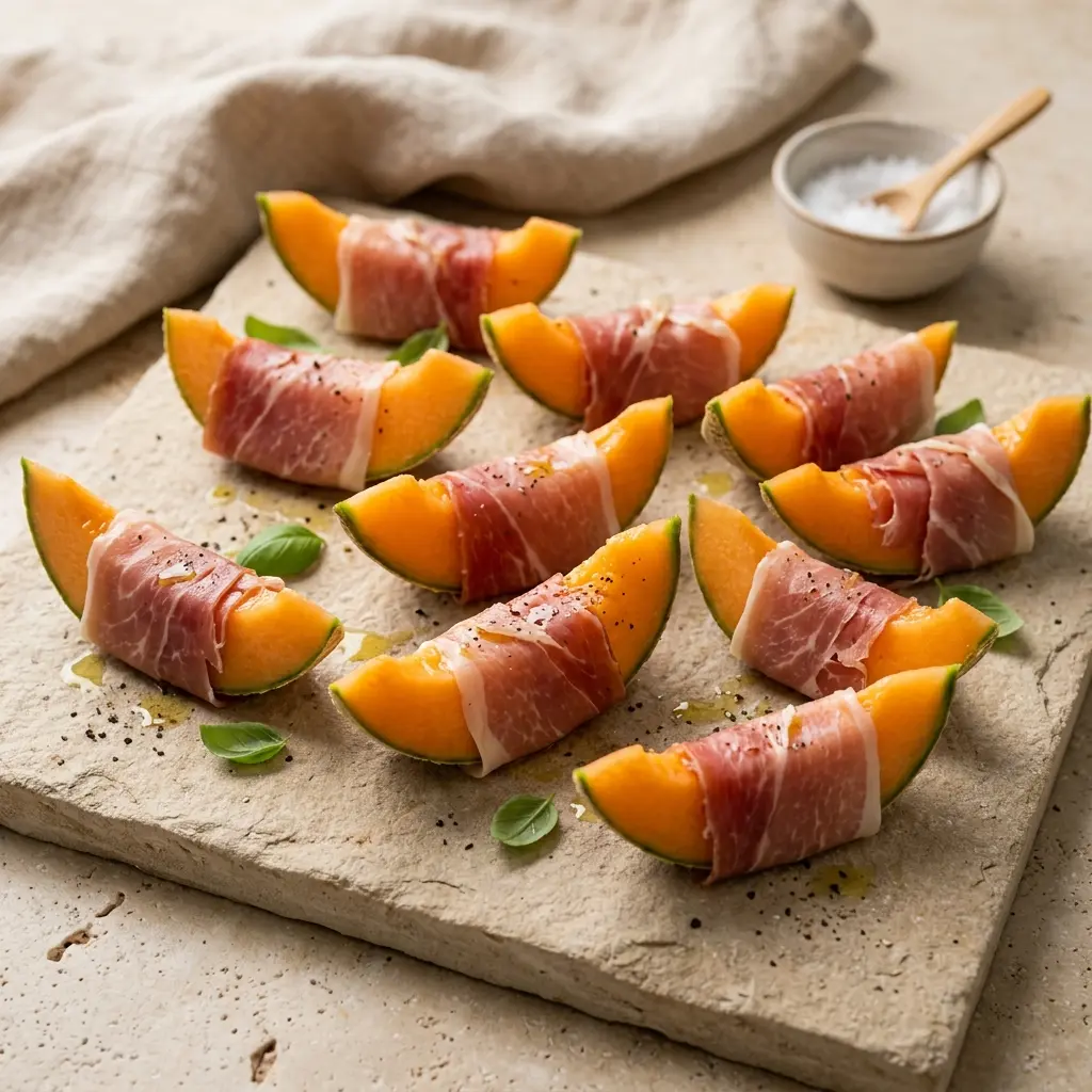 Melone mit Parmaschinken fertig als Gericht serviert