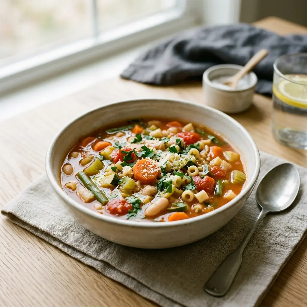 Minestrone fertig als Gericht serviert