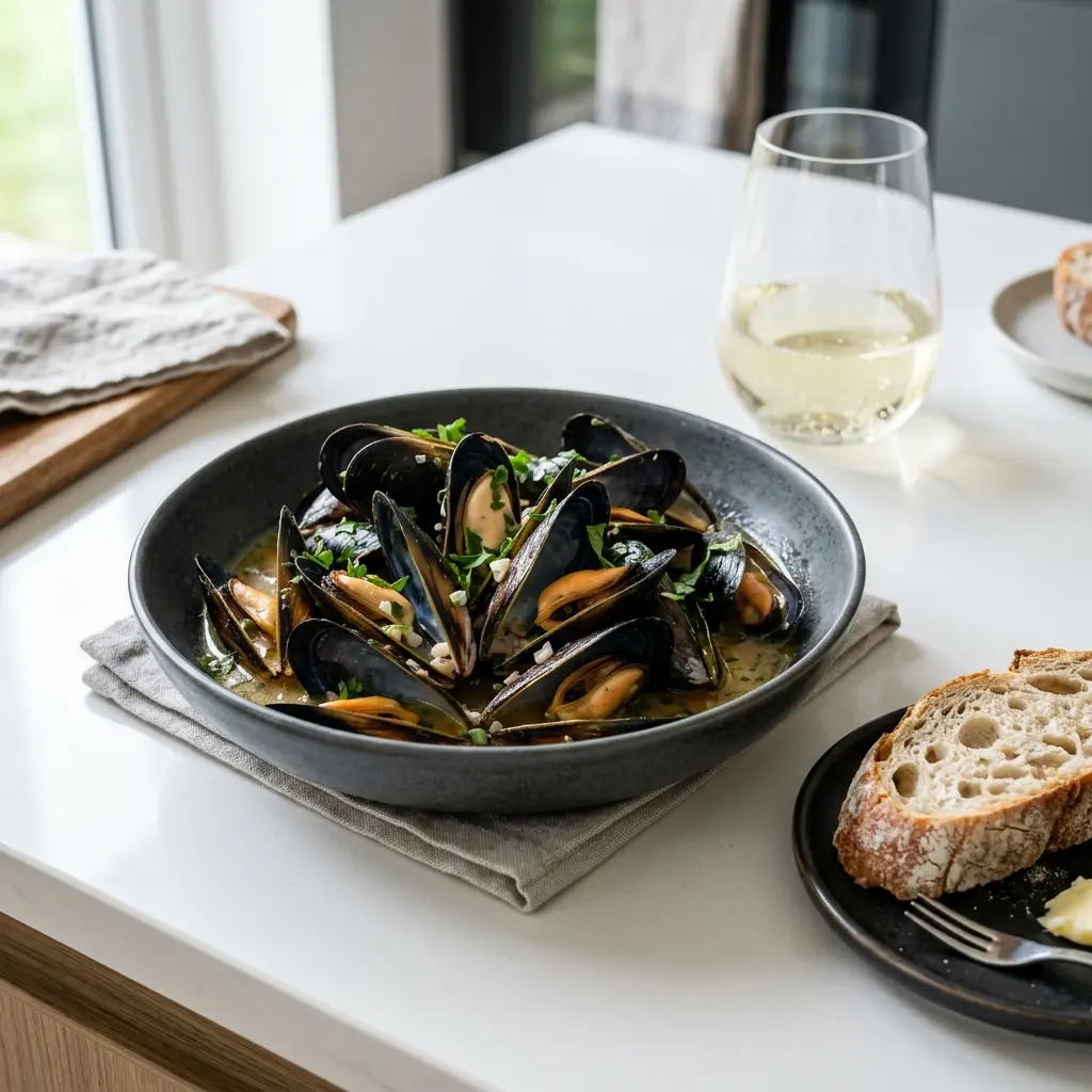 Moules marinières fertig als Gericht serviert