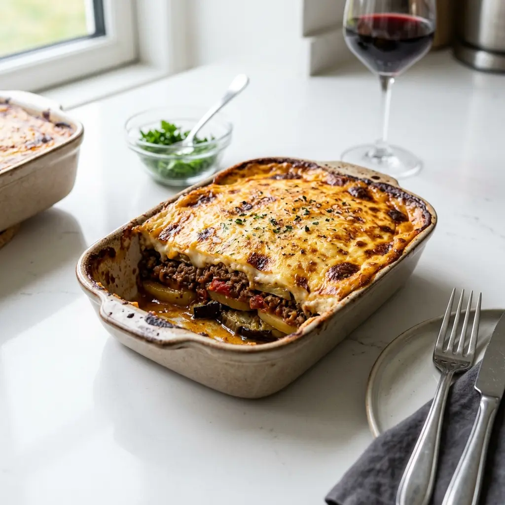 Moussaka mit Lamm fertig als Gericht serviert