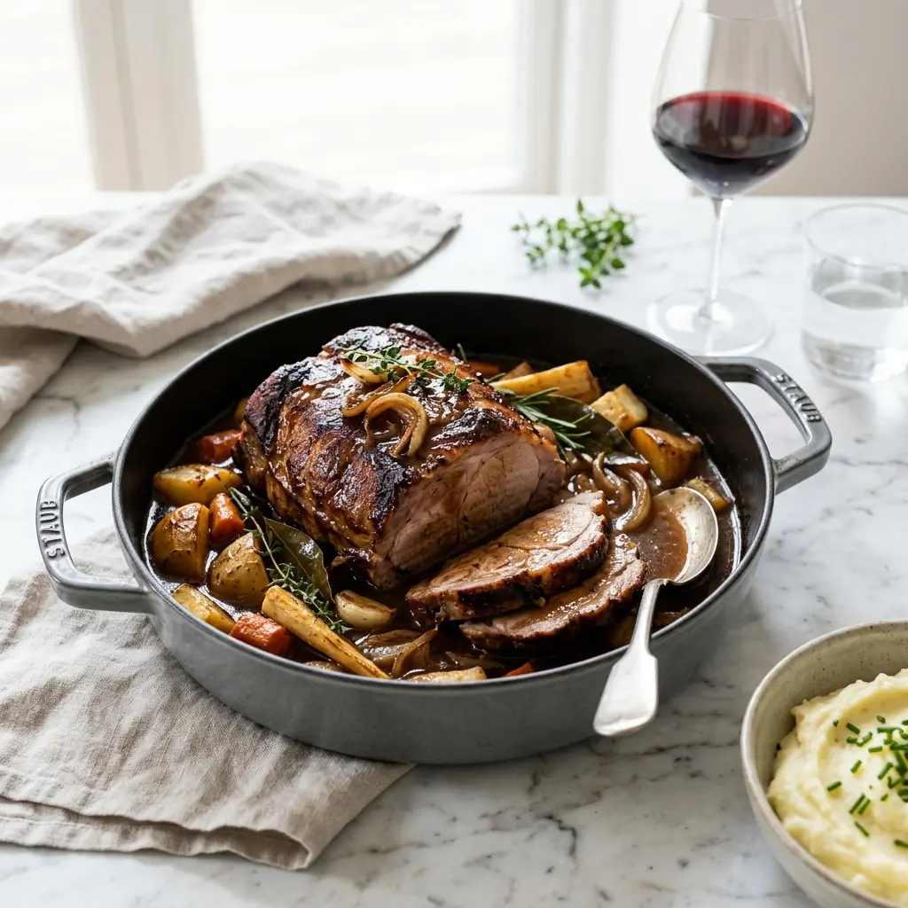 Nackenbraten im Topf fertig als Gericht serviert