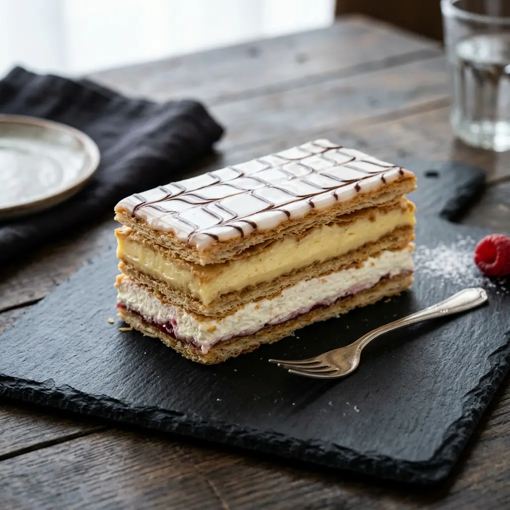 Napoleonskuchen als süßes und hausgemachtes Dessert serviert