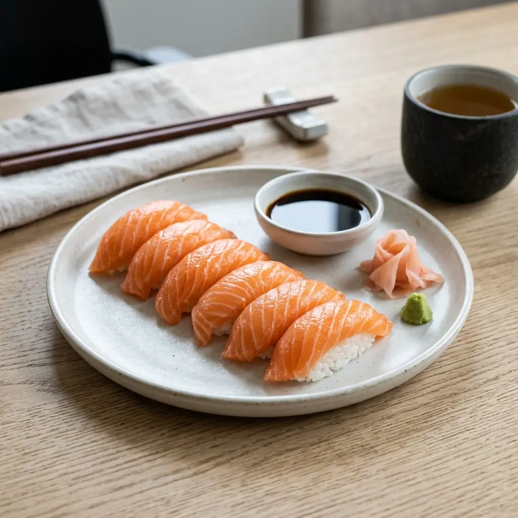Nigiri mit Lachs fertig als Gericht serviert