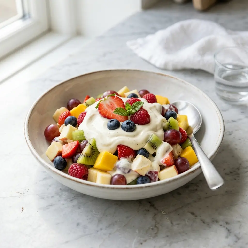 Frische Portion Obstsalat mit Rohcreme mit ansprechender hausgemachter Präsentation