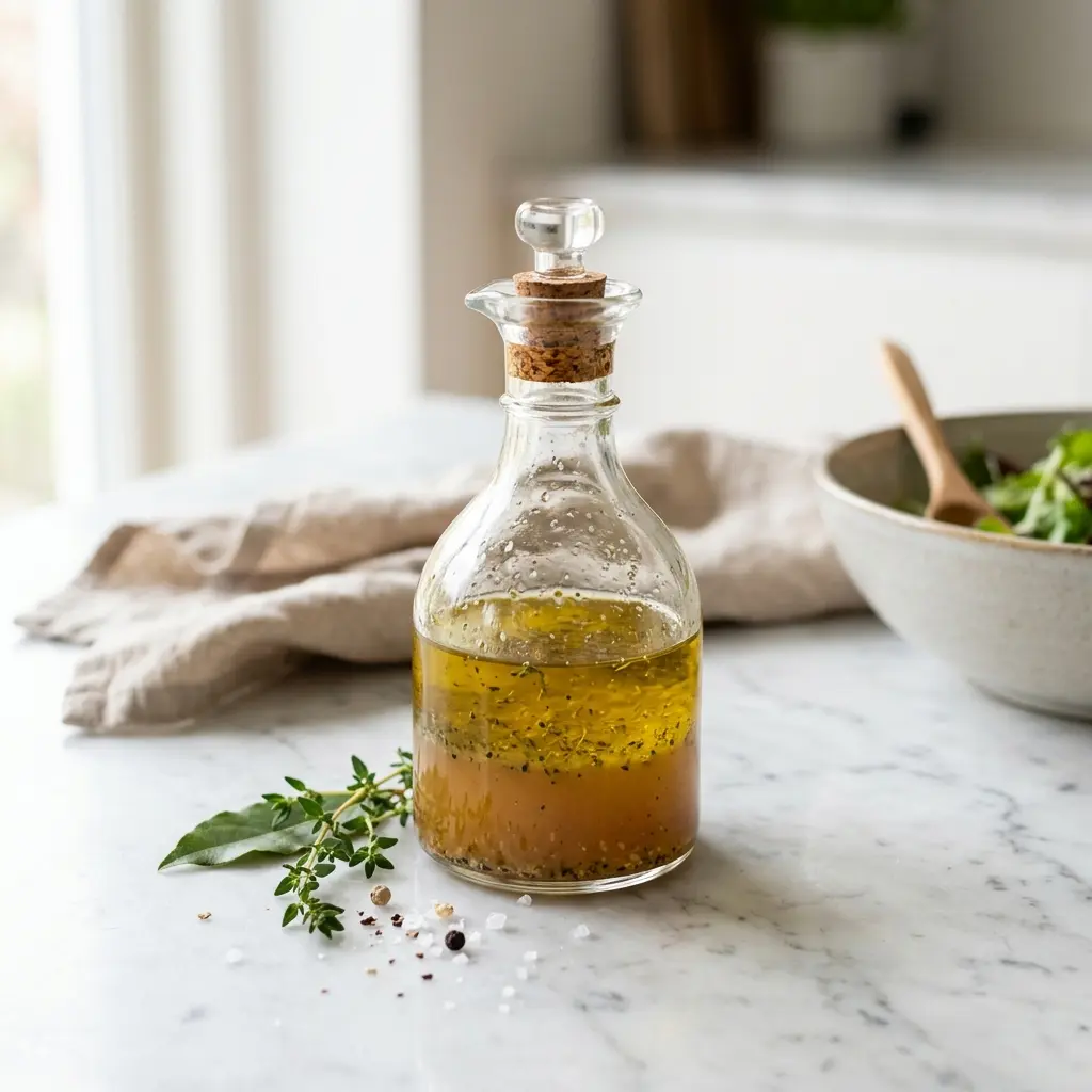 Eine Schale Öl-Essig-Dressing als geschmackvolle Beilage serviert