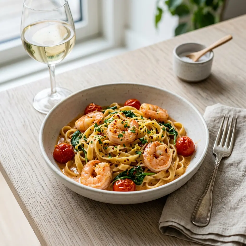 One-Pot-Pasta mit Garnelen fertig als Gericht serviert