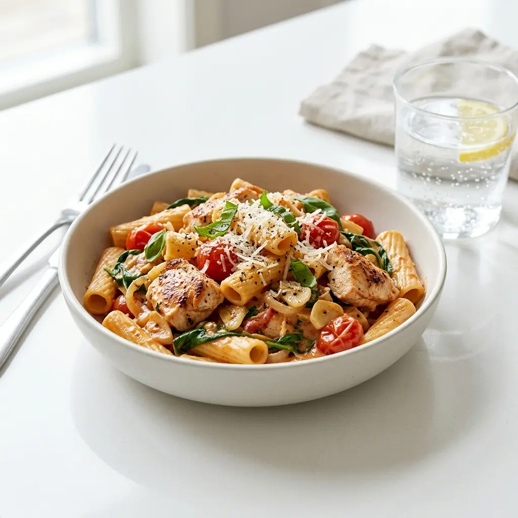 One-Pot-Pasta mit Hähnchen fertig als Gericht serviert