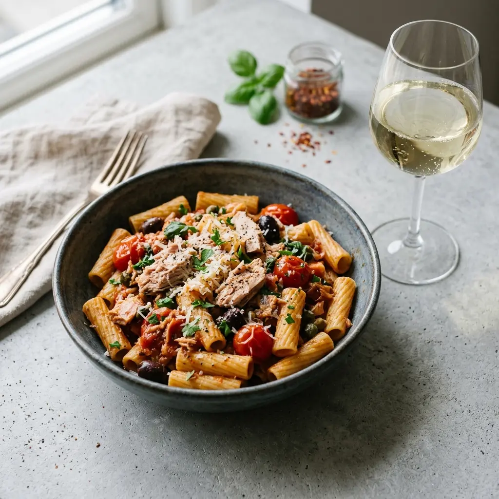 One-Pot-Pasta mit Thunfisch fertig als Gericht serviert