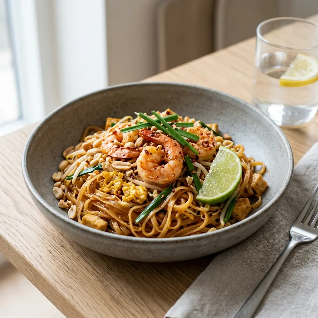 Pad Thai mit Garnelen fertig als Gericht serviert