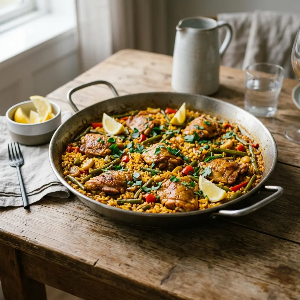 Paella mit Hähnchen fertig als Gericht serviert