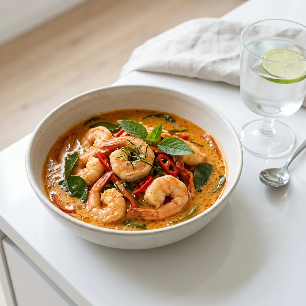 Panang-Curry mit Garnelen fertig als Gericht serviert