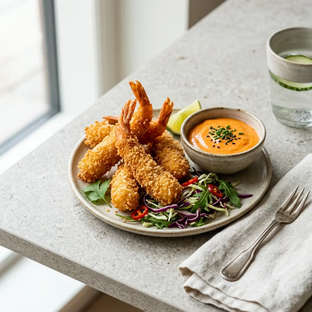 Panko-Garnelen mit Chilimayo fertig als Gericht serviert