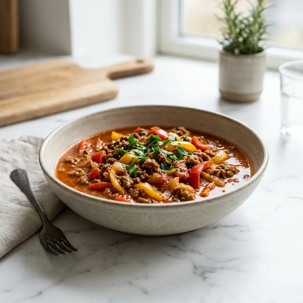 Paprikaeintopf mit Rindfleisch fertig als warme Suppe serviert