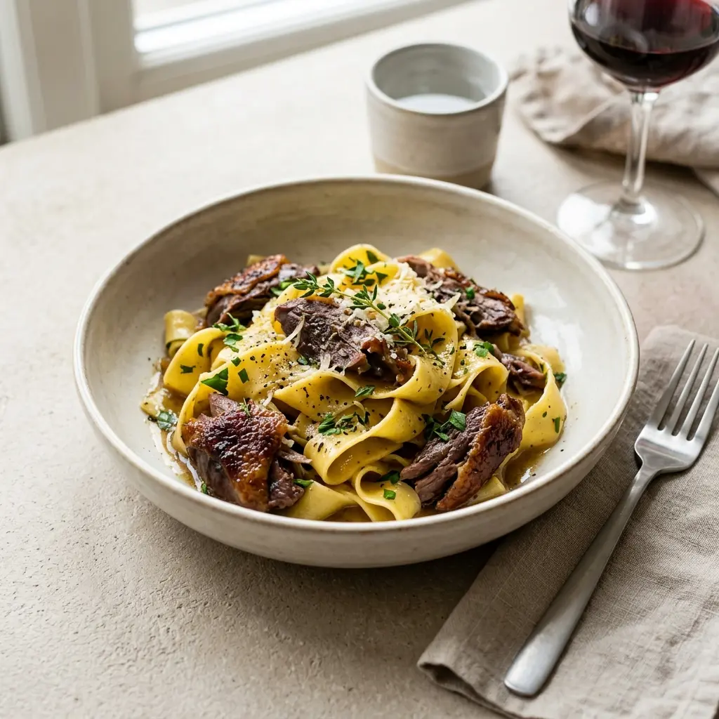 Pasta mit confierter Ente fertig als Gericht serviert