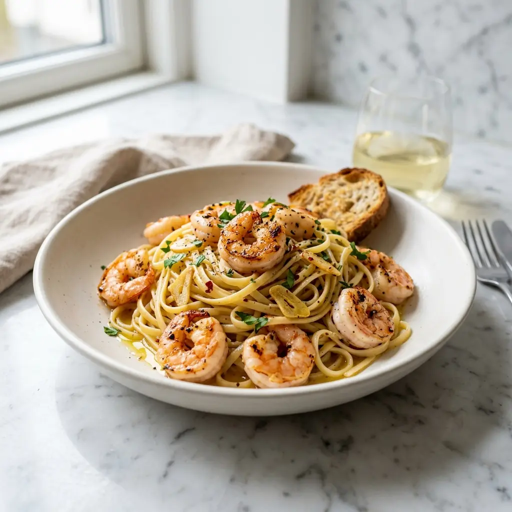 Pasta mit Garnelen und Knoblauch fertig als Gericht serviert