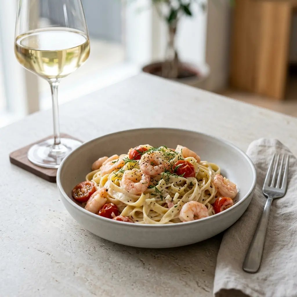 Pasta mit Garnelen und Sahnesauce fertig als Gericht serviert