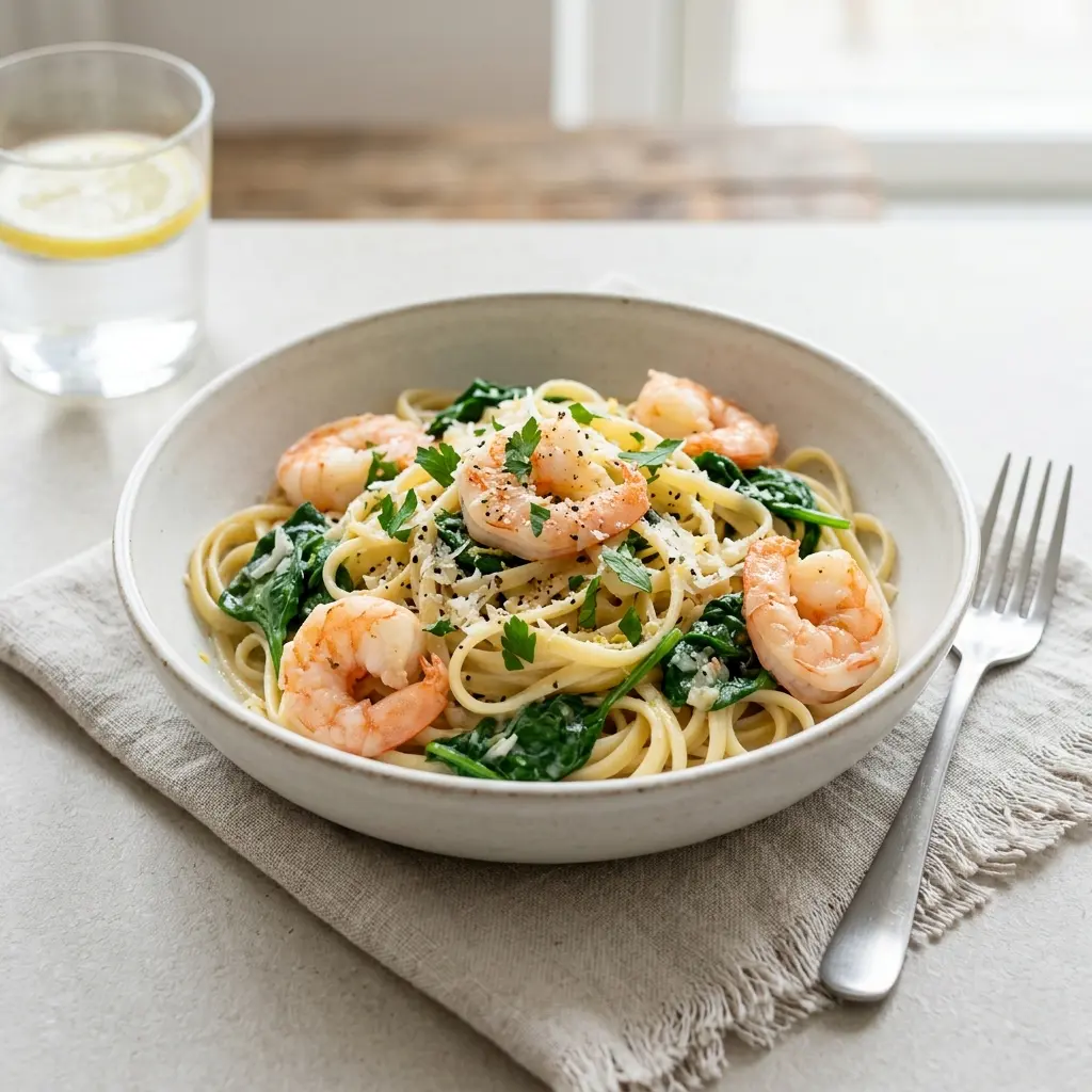 Pasta mit Garnelen und Spinat fertig als Gericht serviert