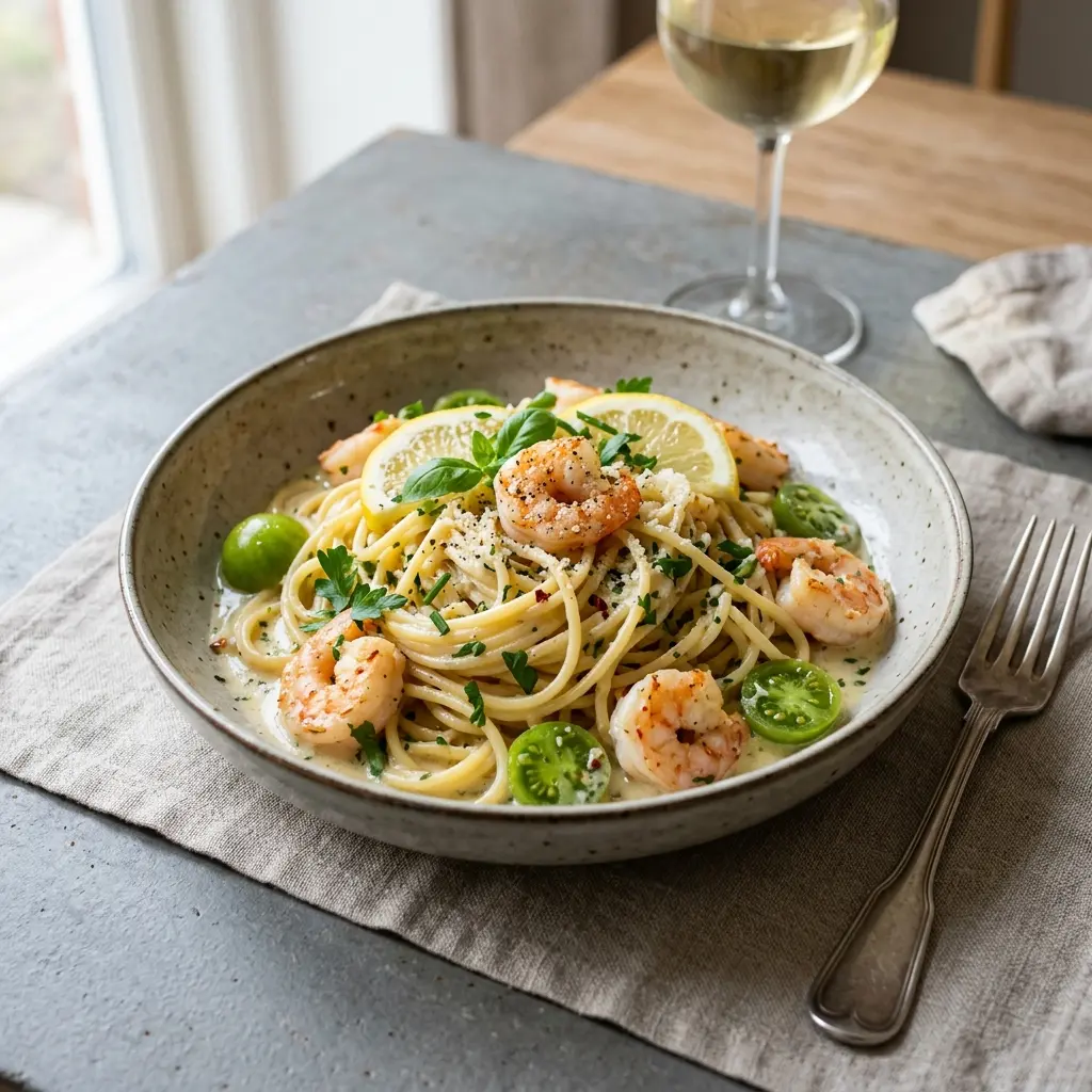 Pasta mit Garnelen und Weißweinsauce fertig als Gericht serviert