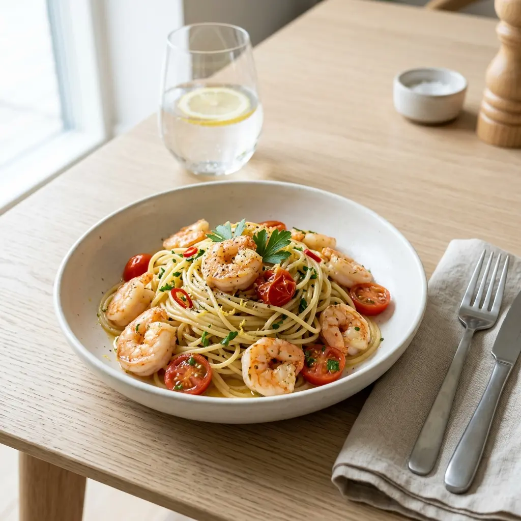 Pasta mit Garnelen fertig als Gericht serviert