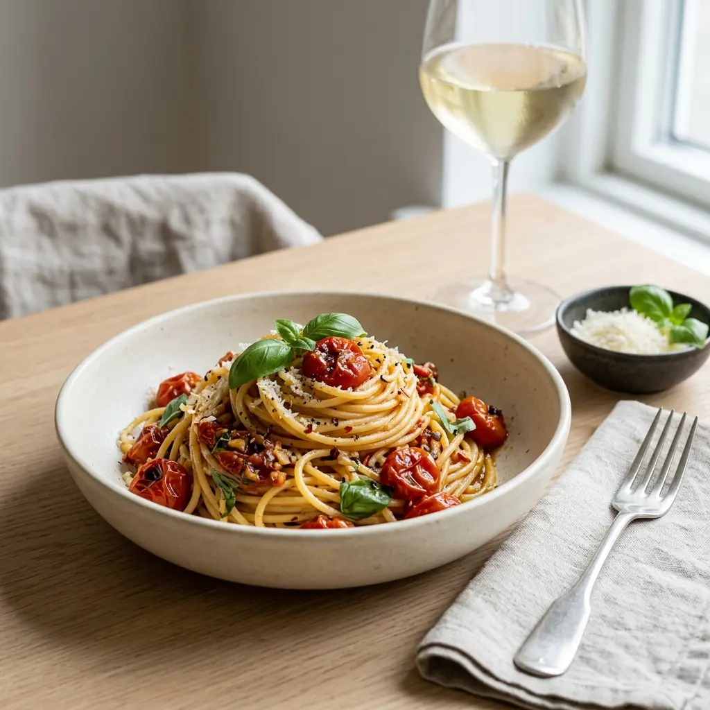 Pasta mit gebackenen Tomaten fertig als Gericht serviert