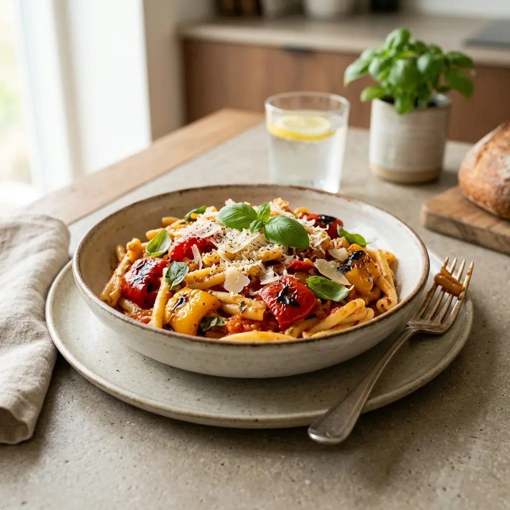Pasta mit gebackener Paprika fertig als Gericht serviert