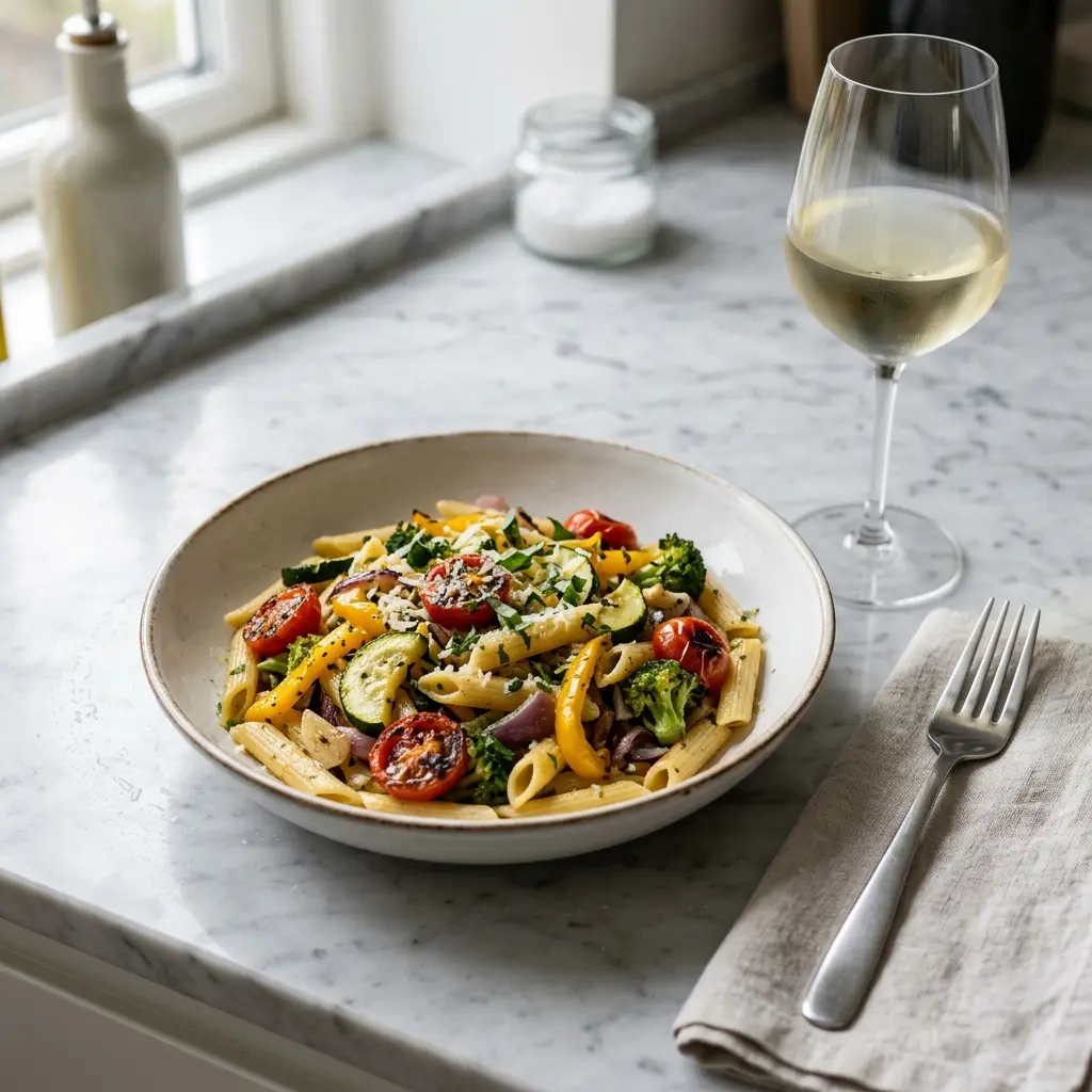 Pasta mit Gemüse fertig als Gericht serviert