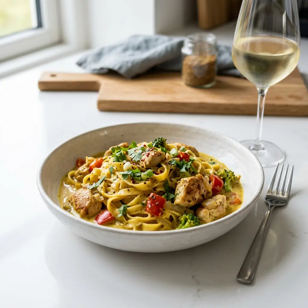 Pasta mit Hähnchen und Curry fertig als Gericht serviert