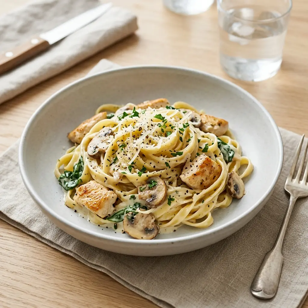 Pasta mit Hähnchen und Sahnesauce fertig als Gericht serviert