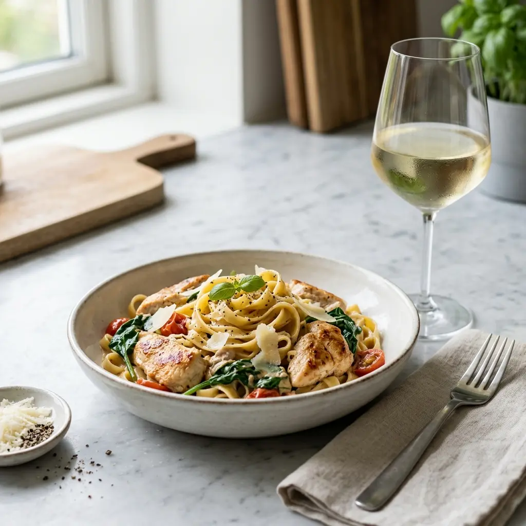 Pasta mit Hähnchen und Spinat fertig als Gericht serviert