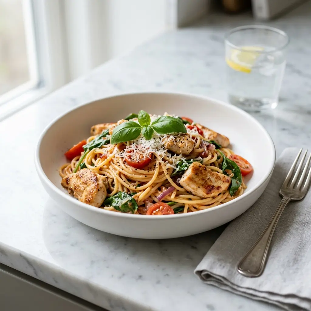 Pasta mit Hähnchen fertig als Gericht serviert